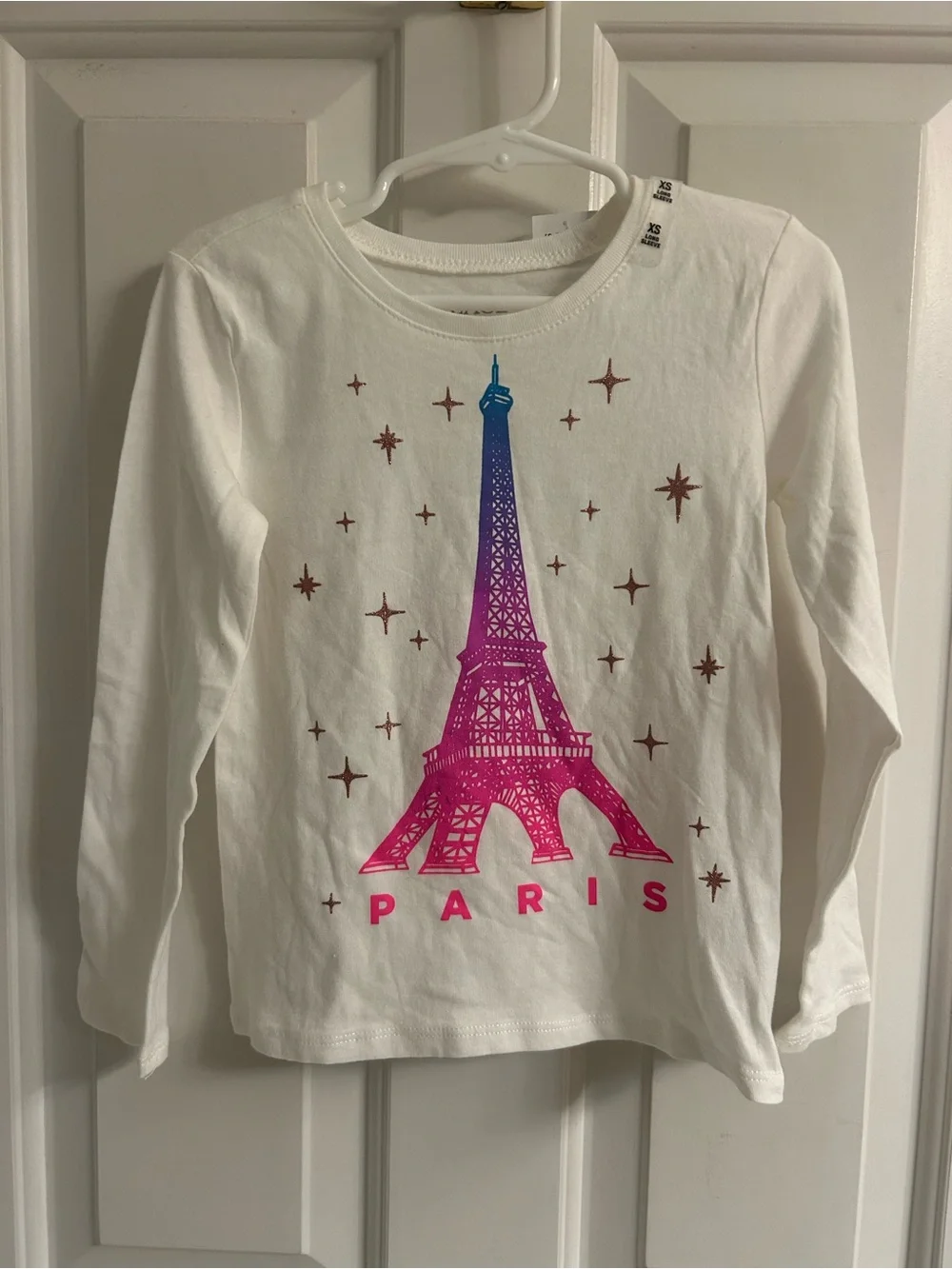 NWT-The Children's Place White Long-Sleeve Tee with Pink-to-Blue Eiffel Tower